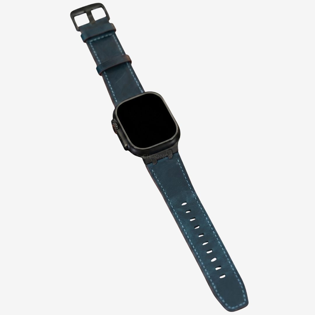 AP Leather Band For Apple Watch - Alaskan Blue-Black Adapter / 46mm/45mm/44mm - Watch Band