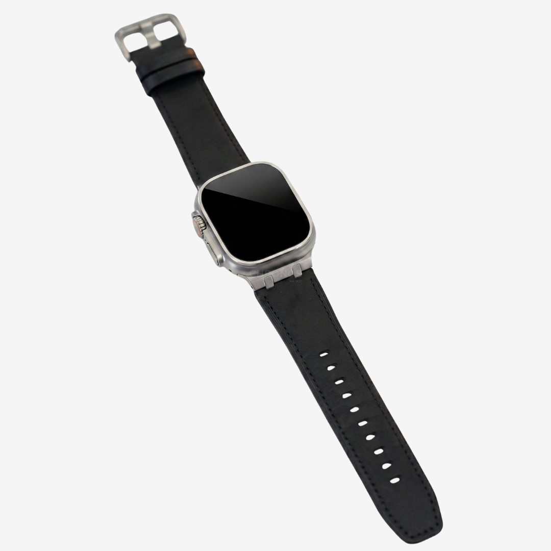 AP Leather Band For Apple Watch - Black-Titanium Adapter / 46mm/45mm/44mm - Watch Band