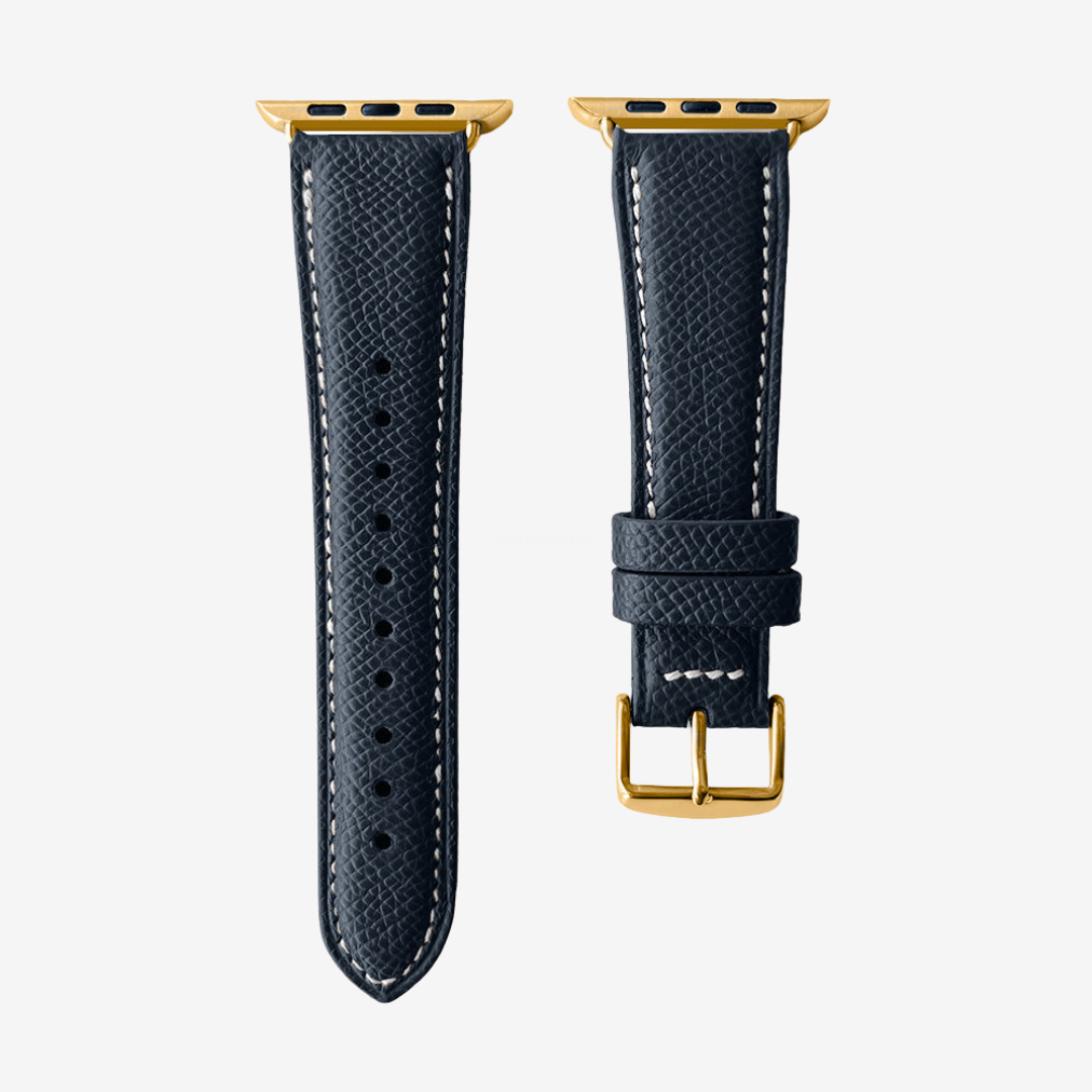 Apple Watch Band - Grained Genuine Leather - Dark Midnight Blue / Gold / 44/45/46/49mm - Watch Band