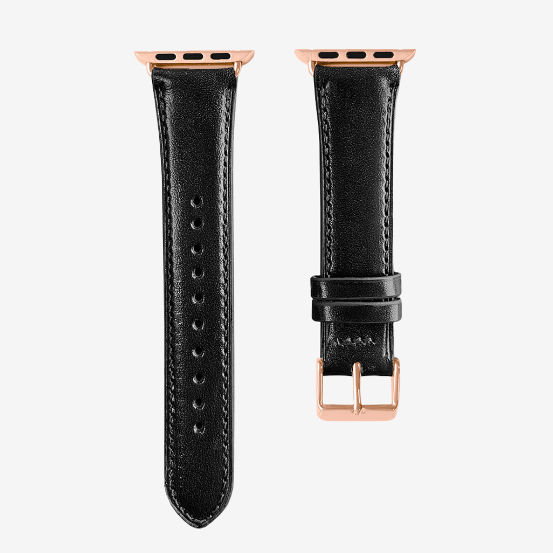 Apple Watch Band - Smooth Genuine Leather - Black / Rose Gold / 44/45/46/49mm - Watch Band