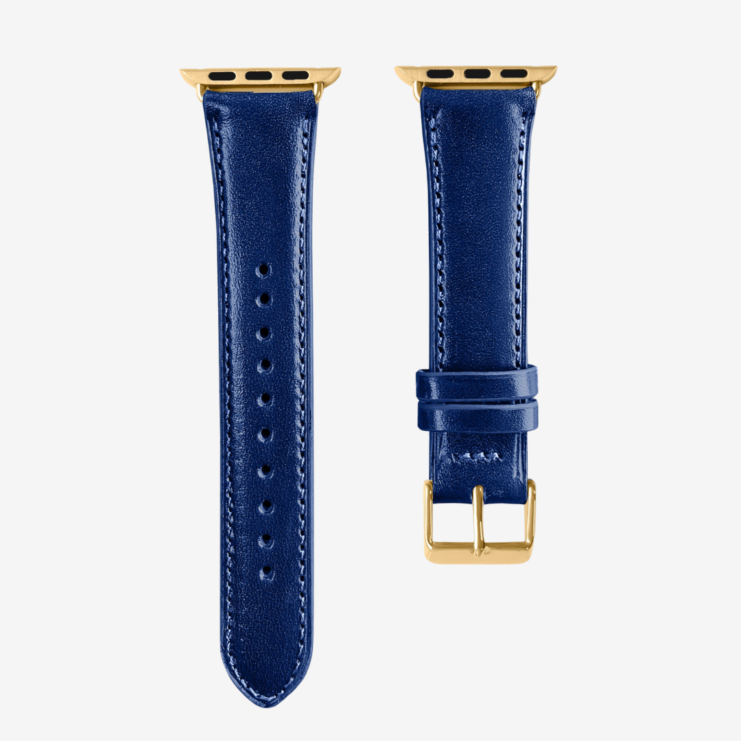 Apple Watch Band - Smooth Genuine Leather - Bright Blue / Gold / 44/45/46/49mm - Watch Band