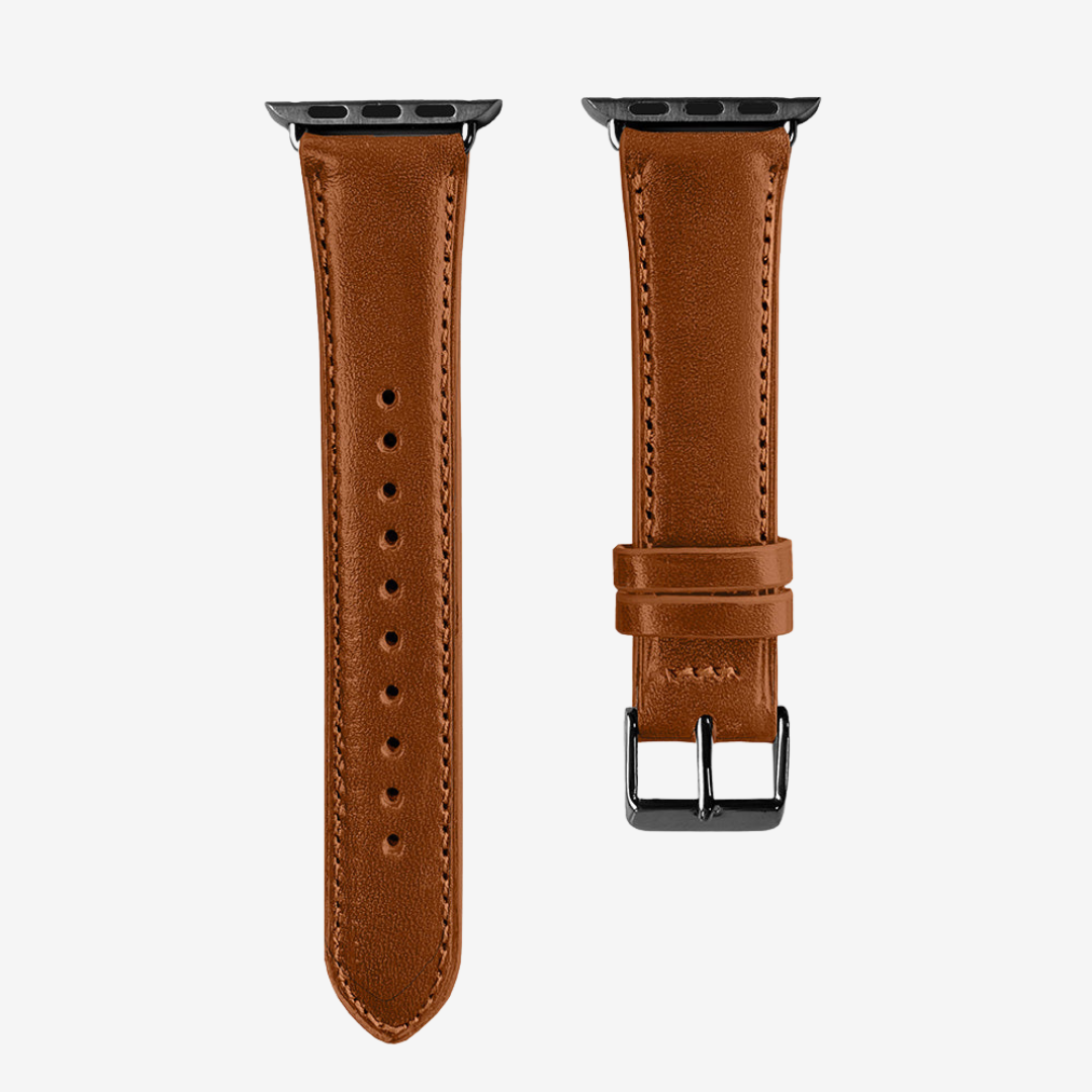 Apple Watch Band - Smooth Genuine Leather - Cognac / Black / 44/45/46/49mm - Watch Band