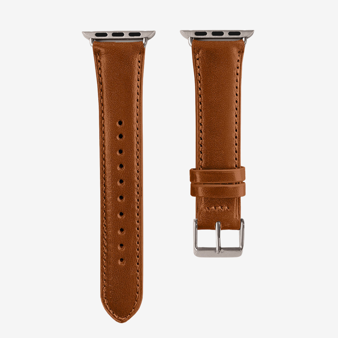 Apple Watch Band - Smooth Genuine Leather - Cognac / Titanium / 44/45/46/49mm - Watch Band