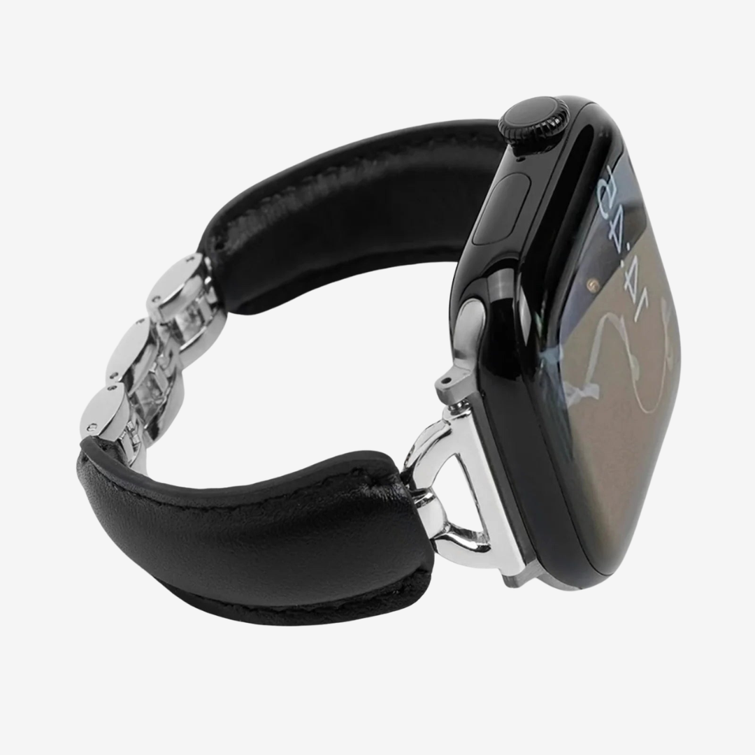 Glamour Leather Bracelet - Black Silver / 49mm/46mm/45mm/44mm - Watch Band