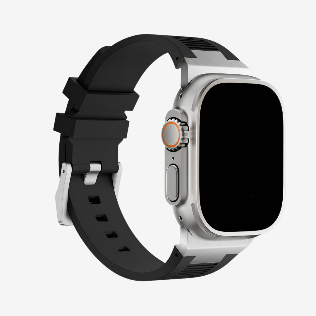 AP New Connector Silicone Band For Apple Watch - Black / Silver / 44mm/45mm/46mm - Watch Band