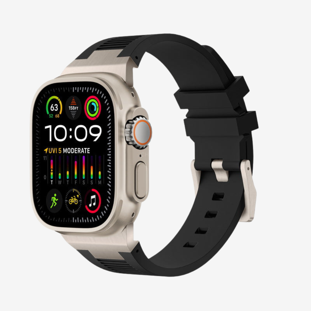 AP New Connector Silicone Band For Apple Watch - Black / Titanium / 44mm/45mm/46mm - Watch Band
