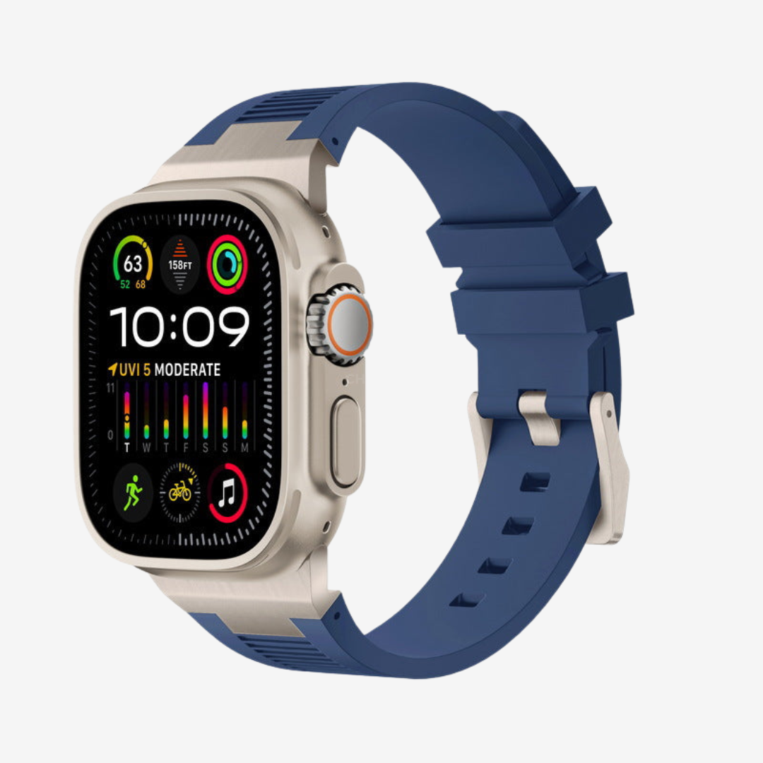 AP New Connector Silicone Band For Apple Watch - Blue / Titanium / 44mm/45mm/46mm - Watch Band