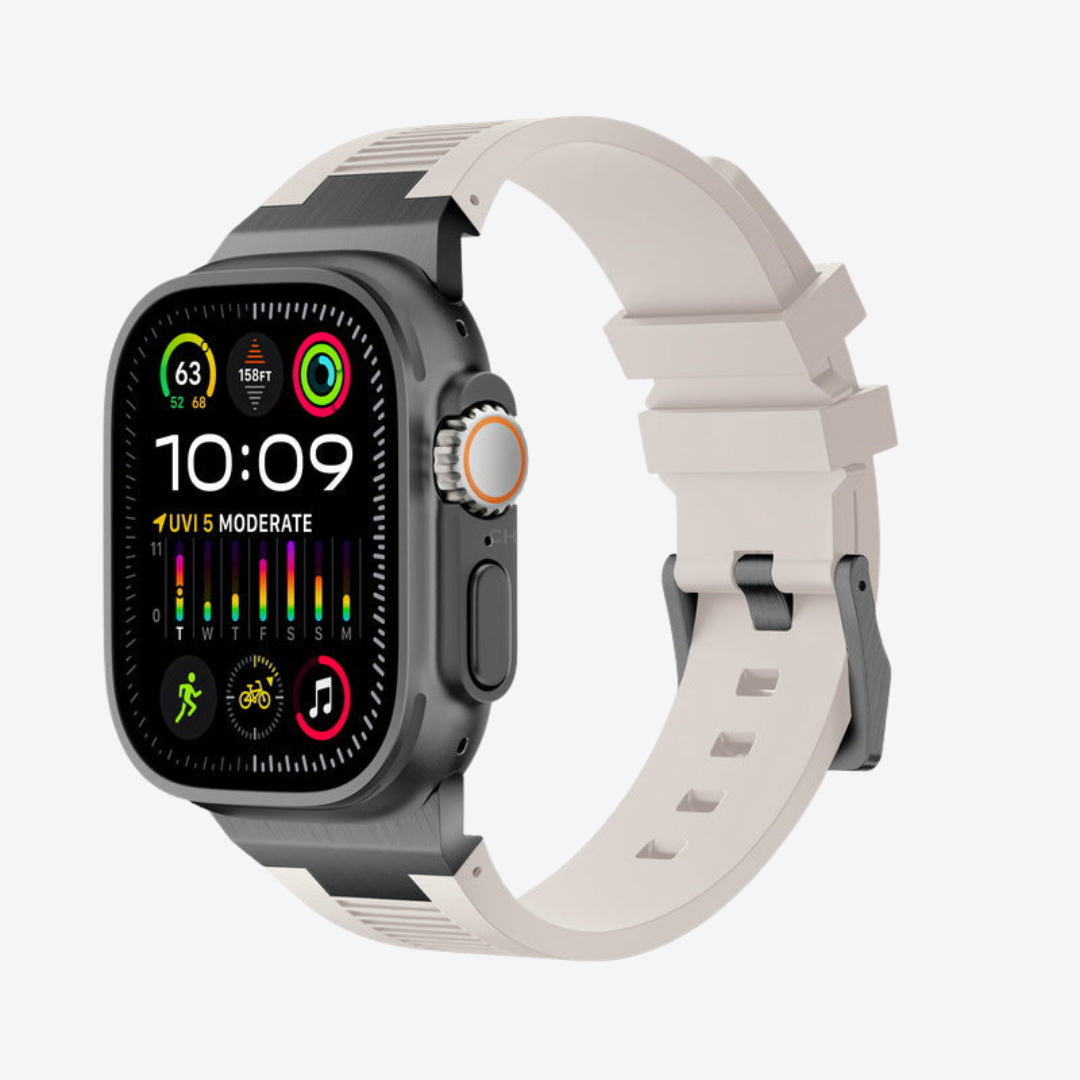 AP New Connector Silicone Band For Apple Watch - Starlight / Black / 44mm/45mm/46mm - Watch Band