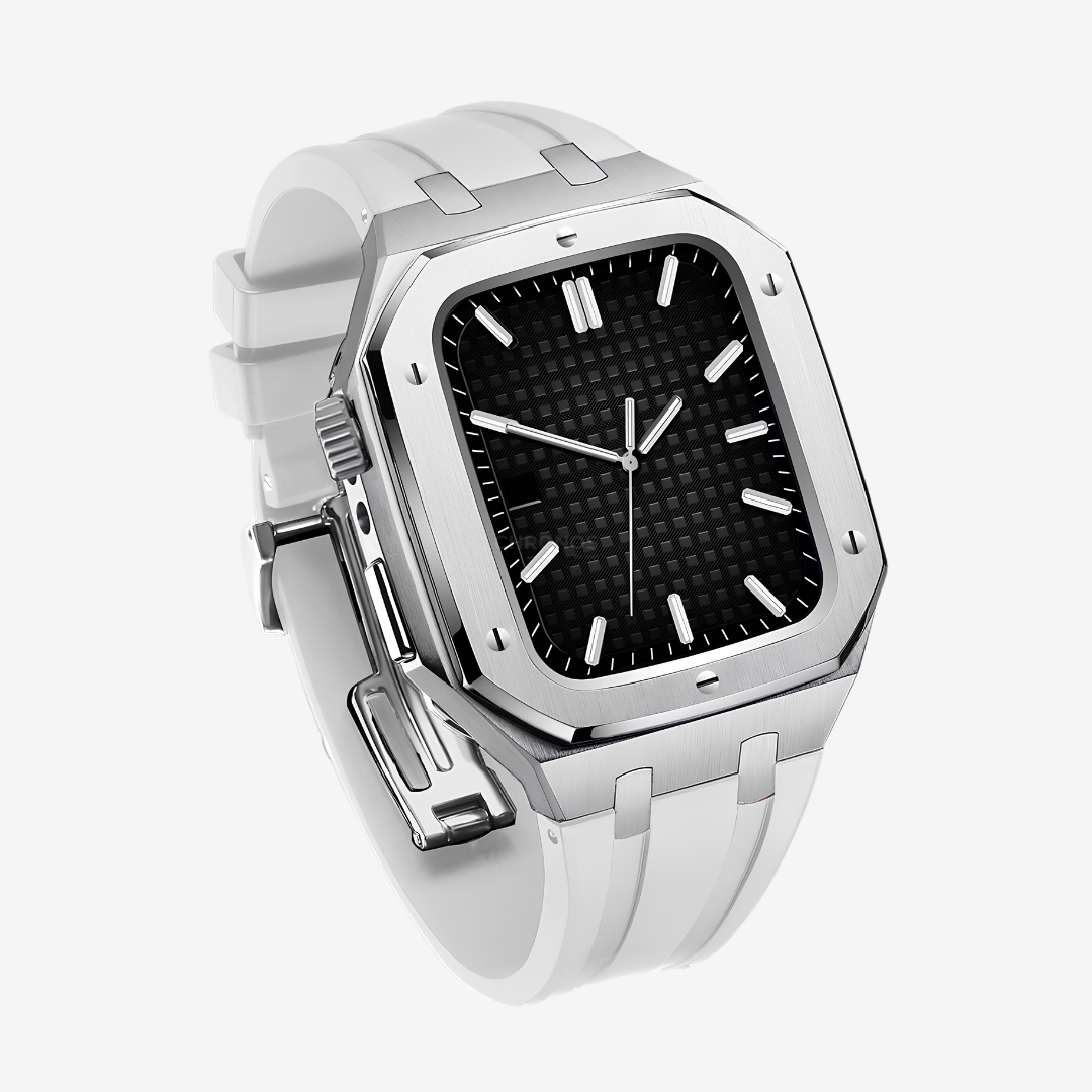 AP9006 Silicone Band Stainless Steel Case Retrofit Kit For Apple Watch - White / Series SE/4/5/6 - 44mm - Watch Case