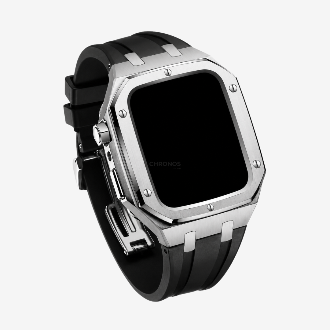 AP9006 Silicone Band Stainless Steel Case Retrofit Kit For Apple Watch - Black / Series SE/4/5/6 - 44mm - Watch Case