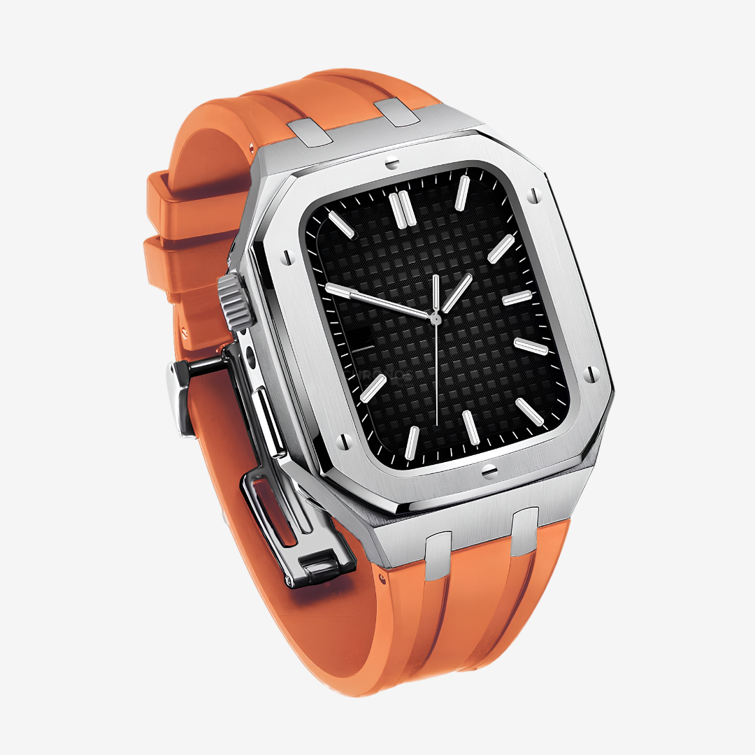 AP9006 Silicone Band Stainless Steel Case Retrofit Kit For Apple Watch - Orange / Series SE/4/5/6 - 44mm - Watch Case