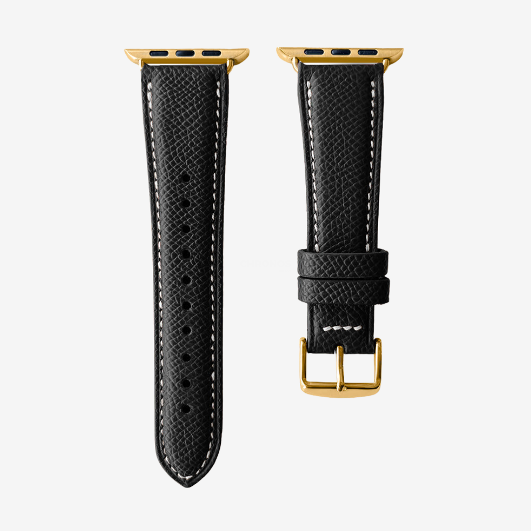 Apple Watch Band - Grained Genuine Leather - Black / Gold / 44/45/46/49mm - Watch Band