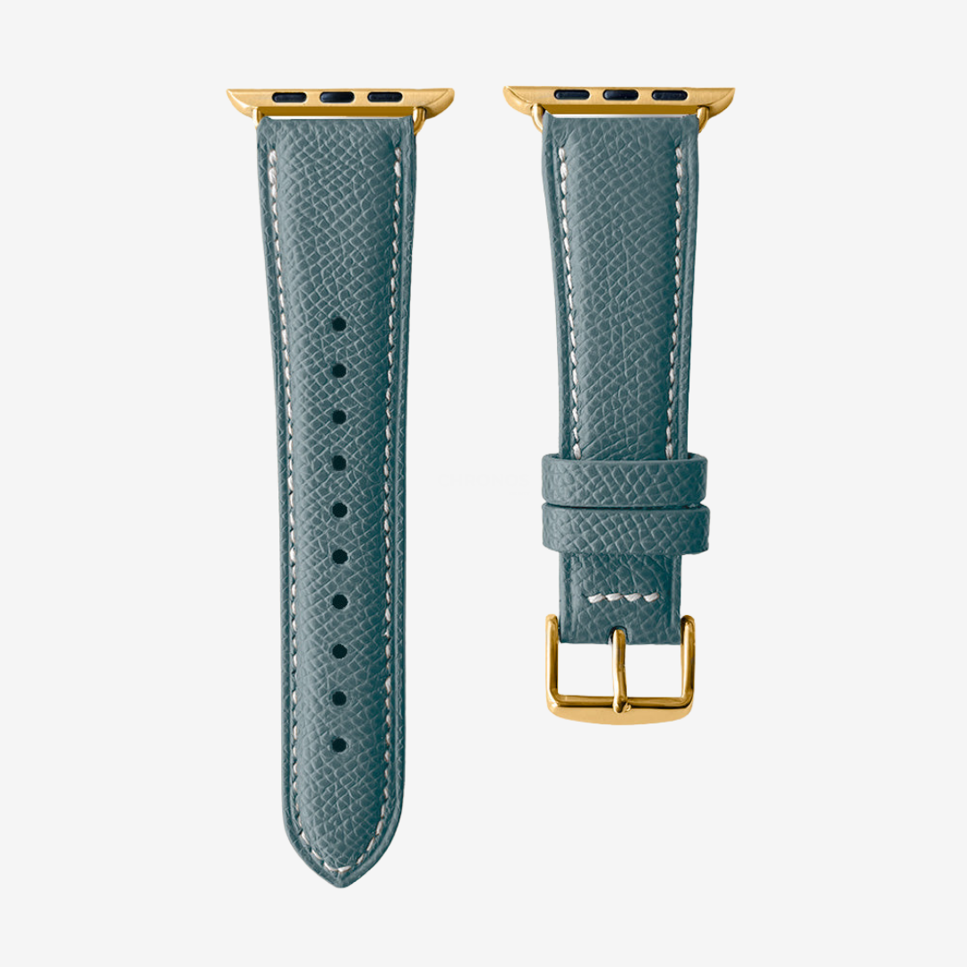 Apple Watch Band - Grained Genuine Leather - Blue-Grey / Gold / 44/45/46/49mm - Watch Band