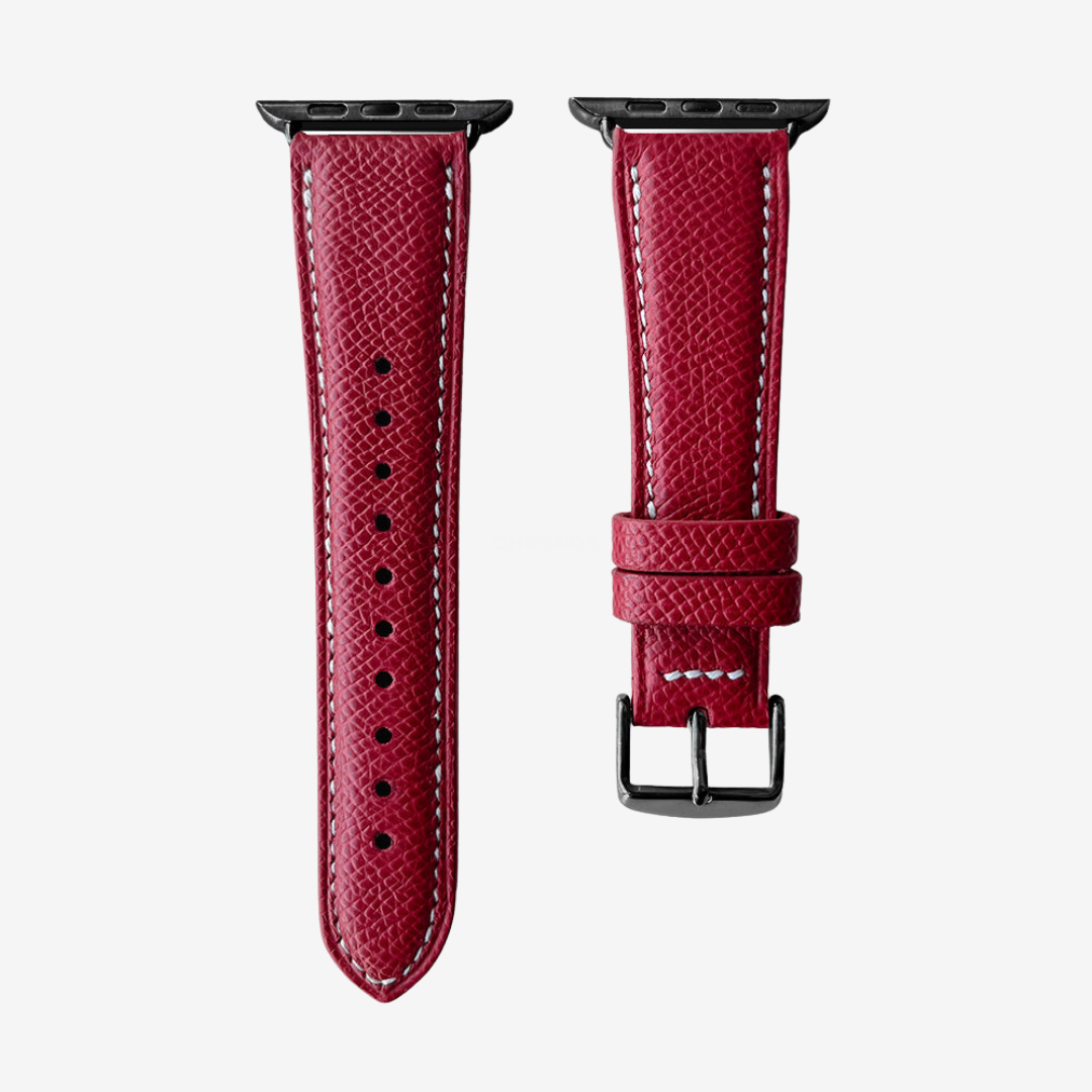Apple Watch Band - Grained Genuine Leather - Carmine Red / Black / 44/45/46/49mm - Watch Band