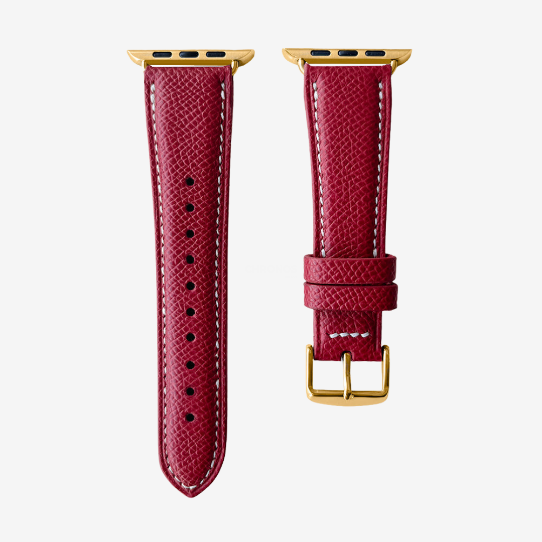 Apple Watch Band - Grained Genuine Leather - Carmine Red / Gold / 44/45/46/49mm - Watch Band