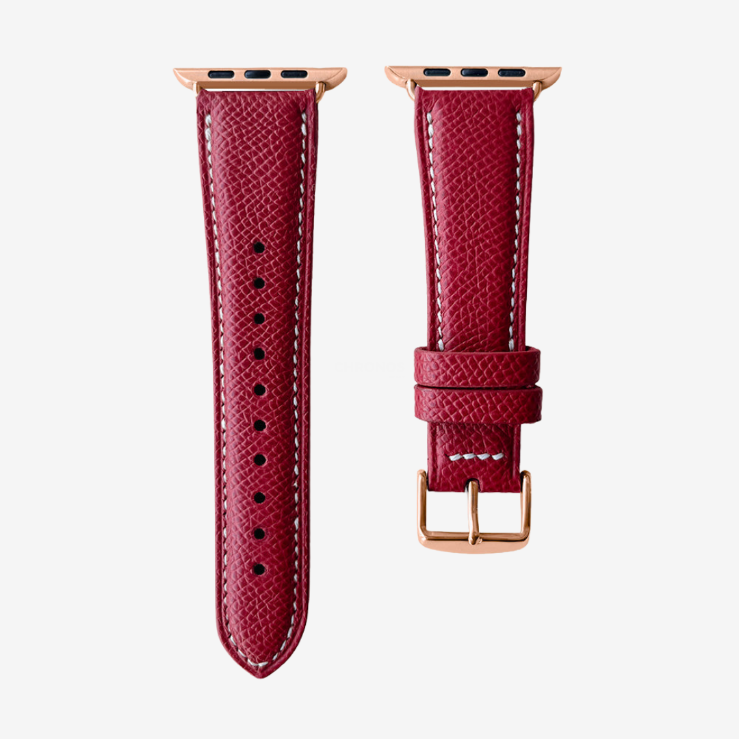 Apple Watch Band - Grained Genuine Leather - Carmine Red / Rose Gold / 44/45/46/49mm - Watch Band