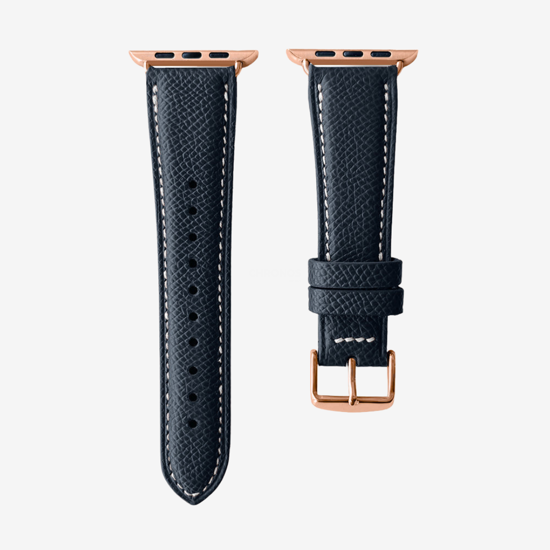 Apple Watch Band - Grained Genuine Leather - Dark Midnight Blue / Rose Gold / 44/45/46/49mm - Watch Band