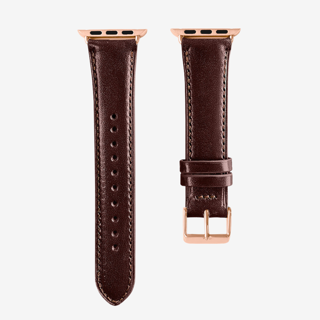 Apple Watch Band - Smooth Genuine Leather - Chocolate / Rose Gold / 44/45/46/49mm - Watch Band